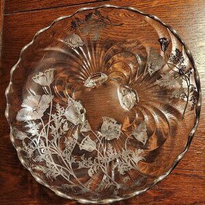 Silver City Glass Co 4 Footed Bowl w/ Sterling Silver Overlay, Flanders Pattern